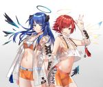  2girls :d alternate_costume arknights bandeau bangs blue_eyes blue_hair breasts brown_eyes character_name chongzi clothes_writing commentary_request crop_top crop_top_overhang drawstring exusiai_(arknights) eyebrows_visible_through_hair gloves gradient gradient_background grey_background halo hand_up highres horns jacket long_hair medium_breasts midriff mostima_(arknights) multiple_girls navel open_clothes open_jacket open_mouth orange_shorts red_hair see-through short_hair short_shorts short_sleeves shorts sleeveless sleeveless_jacket smile stomach strapless thighs tubetop w white_background 