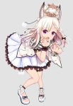  1girl animal_ears animare bent_over braid full_body grey_background grey_hair hair_ornament highres long_hair looking_at_viewer open_mouth paw_pose purple_eyes shiromiya_mimi shoes solo virtual_youtuber white_hair wolf_ears 