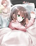  1girl ;d bangs blanket blush bouquet breasts bridal_veil brown_hair cleavage dress drooling elbow_gloves eyebrows_visible_through_hair flower gloves green_eyes heart heart-shaped_pupils jewelry long_hair lying necklace on_bed on_side one_eye_closed oouso open_mouth original pajamas pillow ponytail simple_background smile symbol-shaped_pupils veil wedding_dress white_background white_gloves 