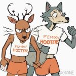  2020 adonyne alternate_version_at_source anthro antlers beastars blush bodily_fluids bottomwear brown_body brown_fur canid canine canis cervid clothing crop_top duo english_text femboy_hooters fur grey_body grey_fur hi_res holding_object horn legoshi_(beastars) louis_(beastars) male mammal midriff navel shirt shorts simple_background sweat sweatdrop text topwear white_background wolf 