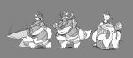  2020 3_toes 4_fingers angry anthro armor bandage barefoot belly belt bessie_(josomez) bottomwear bra breastplate breasts clothed clothing collar eyelashes eyes_closed female fingers greyscale happy headgear helmet hi_res holding_object holding_sword holding_weapon horn josomez knee_pads kobold melee_weapon midriff monochrome motion_lines multiple_poses musical_note navel non-mammal_breasts overweight overweight_female pose reptile scalie screaming shorts shoulder_pads sitting smile solo standing sword thick_tail thick_thighs toes tongue underwear weapon wide_hips 