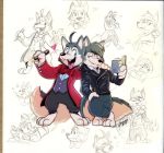  &lt;3 2020 anthro barefoot black_nose book bow_tie brother brothers canid canine canis chibi clothing colored costume crossed_legs digital_media_(artwork) digitigrade dress duo expressions finger_snap fluffy fluffy_tail hi_res jacket jacket_vest leather leather_jacket male mammal open_mouth piti_yindee short_body sibling sketch tongue tongue_out toony topwear vest wolf 