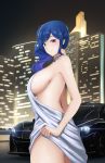  1girl azur_lane backless_dress backless_outfit bangs bare_shoulders blue_hair breasts building car cityscape dress earrings evening_gown from_side gan-viking grey_dress ground_vehicle halter_dress highres jewelry large_breasts looking_at_viewer mclaren_p1 motor_vehicle plunging_neckline purple_eyes revealing_clothes side_ponytail sideboob sidelocks silver_dress skyscraper st._louis_(azur_lane) st._louis_(luxurious_wheels)_(azur_lane) thighs 