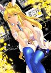  1girl animal_ears artoria_pendragon_(all) artoria_pendragon_(swimsuit_ruler)_(fate) bangs bare_shoulders blue_legwear blue_neckwear braid breasts bunny_ears bunnysuit cleavage detached_collar fate/grand_order fate_(series) feather_boa fishnet_legwear fishnets french_braid hair_between_eyes large_breasts leotard long_hair looking_at_viewer murio navel navel_cutout necktie pantyhose parted_lips ponytail sitting slot_machine solo thigh_strap thighs tiara white_leotard wrist_cuffs 