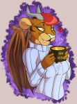  &lt;3 2020 anthro beverage breasts clothed clothing digital_media_(artwork) felid female fur grumpy_griffin_creations hair hi_res iranian_mythology looking_at_object mammal manticore membrane_(anatomy) middle_eastern_mythology mythology simple_background smile solo standing topwear wings 
