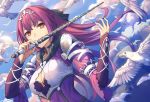  1girl bangs bird black_ribbon blue_sky breasts cleavage dress fate/grand_order fate_(series) fur-trimmed_dress fur_trim hair_between_eyes hair_ribbon highres holding holding_wand large_breasts long_hair long_sleeves looking_at_viewer purple_dress purple_hair red_eyes ribbon scathach_(fate)_(all) scathach_skadi_(fate/grand_order) seagull sky tiara wand yangsan_(2991076090) 