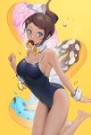 1girl absurdres alternate_costume animal_ears asahina_aoi bangs bare_shoulders barefoot blue_eyes blue_swimsuit breasts brown_hair bunny_ears bunny_girl bunny_tail bunnysuit carrot_hair_ornament cleavage commentary_request competition_school_swimsuit danganronpa danganronpa_1 dark_skin detached_collar doughnut food food_in_mouth food_themed_hair_ornament hair_ornament highres large_breasts long_hair mouth_hold ohisashiburi one-piece_swimsuit ponytail school_swimsuit simple_background solo swimsuit tail water_drop wrist_cuffs yellow_background yellow_neckwear 