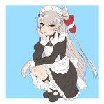  1girl alternate_costume amatsukaze_(kantai_collection) apron black_dress black_footwear blue_background border brown_eyes dress enmaided frilled_apron frills full_body hair_tubes hand_on_own_face highres kantai_collection long_hair looking_at_viewer maid maid_headdress mary_janes mochizou shoes silver_hair socks solo two-tone_background two_side_up white_apron white_border white_legwear windsock 