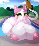  2020 absurd_res anthro areola big_breasts big_butt blush breasts butt cattail_(pvz) electronic_arts elemental_creature felid feline female flora_fauna green_eyes hi_res huge_breasts huge_butt looking_at_viewer mammal nic-m-lyc nipples nude pink_body plant plants_vs._zombies pool_(disambiguation) popcap_games solo text thick_thighs tongue tongue_out video_games 