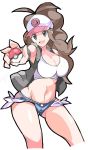  1girl :d antenna_hair baseball_cap black_vest blue_shorts breasts brown_hair cleavage cutoffs enpe eyebrows_visible_through_hat grey_eyes hat highres holding holding_poke_ball large_breasts long_hair micro_shorts navel open_clothes open_mouth open_vest poke_ball poke_ball_(generic) pokemon pokemon_(game) pokemon_bw ponytail shirt shorts simple_background smile solo tank_top teeth touko_(pokemon) v-shaped_eyebrows vest white_background white_shirt wristband 