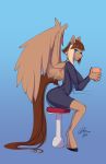  anthro bakuhaku big_breasts blue_eyes breasts brown_body clothed clothing cup dress equid equine female hi_res mammal my_little_pony pegasus sitting solo wings 