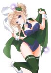  1girl absurdres adapted_costume animal_ears blonde_hair blue_leotard blush braid breasts bunny_ears buttons cape eyebrows_visible_through_hair fake_animal_ears green_cape green_legwear green_vest high_heels highres kantai_collection large_breasts leotard perth_(kantai_collection) purple_eyes short_hair simple_background solo taisinkoku thighhighs vest white_background white_footwear 