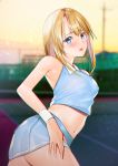  1girl absurdres armpits bare_shoulders belly blonde_hair blue_eyes blue_shirt blue_skirt blush character_request copyright_request highres looking_at_viewer mairudo_(mildcoffee1117) navel open_mouth shirt short_hair skirt solo stomach tennis_court thighs wristband 