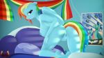  16:9 3d_(artwork) 4k absurd_res anthro anthrofied bed bent_over big_breasts breasts butt digital_media_(artwork) equid equine female friendship_is_magic furniture genitals hi_res looking_at_viewer looking_back loveslove mammal my_little_pony nipples nude pegasus poster pussy rainbow_dash_(mlp) solo widescreen wings 