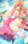  1girl alternate_costume alternate_hair_color ass azur_lane bikini bird blue_bikini braid breasts cloud cloudy_sky commentary_request double_bun eyebrows_visible_through_hair feather_boa formidable_(azur_lane) formidable_(the_lady_of_the_beach)_(azur_lane) highres large_breasts long_hair looking_at_viewer navel ocean petals pink_ribbon red_eyes ribbon seagull signature sky smile solo swimsuit thighhighs thighs tomocha_(tmc_tmc8) twin_braids 