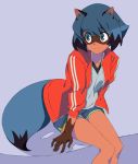  5_fingers anthro black_nose blue_body blue_eyes blue_fur blue_hair brand_new_animal brown_body brown_fur canid canine clothed clothing female fingers fluffy fluffy_tail fur gloves_(marking) hair hi_res humanoid_face jacket mammal markings michiru_kagemori multicolored_body multicolored_hair raccoon_dog sitting smile studio_trigger tanuki topwear watanabe_n 