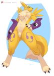  anthro armwear breasts clothing digimon digimon_(species) featureless_breasts featureless_crotch female fur hi_res looking_at_viewer mostly_nude negger renamon solo yellow_body yellow_fur 