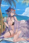  1girl absurdres ahoge animal_ears azur_lane bangs bare_legs bare_shoulders beach beach_chair beach_mat bikini black_bikini black_choker blue_sky breasts bubble_tea choker cloud commentary_request criss-cross_halter cup day disposable_cup drinking_straw eyebrows_visible_through_hair eyewear_on_head feet_out_of_frame fox_ears fox_mask fox_tail hair_between_eyes halterneck hand_up highres holding holding_cup kneeling large_breasts long_hair long_sleeves looking_at_viewer mangosuchin mask mask_on_head multicolored multicolored_bikini multicolored_clothes multiple_tails nail_polish navel outdoors parted_lips purple_eyes purple_hair see-through shoulder_cutout sky solo stomach sunglasses swimsuit tail thick_eyebrows thigh_strap thighs tosa_(azur_lane) tosa_(hometown_zest)_(azur_lane) water white_bikini 