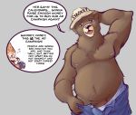  2019 anthro belly bottomwear brown_body brown_fur camera canid canine clothing daxhush english_text fur genitals hat headgear headwear male mammal moobs nipples overweight overweight_male pants penis simple_background smokey_bear solo_focus text underwear undressing ursid 