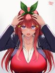  1girl :o bangs blazer blue_eyes breasts cleavage collarbone collared_shirt commentary_request dress_shirt go-toubun_no_hanayome green_ribbon hair_between_eyes hair_ornament highres jacket long_hair looking_at_viewer nakano_itsuki oekakizuki open_mouth red_hair red_sweater ribbon shirt sidelocks signature star_(symbol) star_hair_ornament sweater white_shirt 