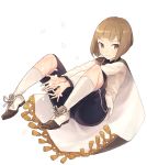  1boy bangs black_shorts bob_cut brown_eyes brown_hair cape chorefuji closed_mouth commentary_request full_body light_blush looking_to_the_side maeda_toushirou male_focus shiny shiny_hair shiny_skin shirt shoes short_hair shorts simple_background smile socks solo touken_ranbu white_background white_cape white_footwear white_legwear white_shirt 