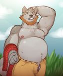  2020 alaskan_malamute anthro belly bottomwear bulge canid canine canis clothing daxhush domestic_dog eyes_closed humanoid_hands male mammal moobs nipples nordic_sled_dog outside overweight overweight_male shorts solo spitz underwear 