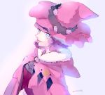  1girl black_clover blue_eyes breasts cape capelet dorothy_unsworth flower fur-trimmed_capelet fur_trim hat looking_at_viewer mameezu multicolored multicolored_eyes pink_cape pink_capelet pink_flower pink_headwear pink_rose purple_eyes purple_hair rose short_hair simple_background small_breasts smile witch witch_hat 