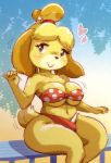  &lt;3 animal_crossing anthro beach big_breasts bikini blush breast_jiggle breasts canid canine canis clothed clothing domestic_dog female fur gesture hair hi_res isabelle_(animal_crossing) mammal melonleaf nintendo outside seaside shih_tzu simple_background skimpy smile solo swimwear tailwag toy_dog video_games waving 