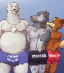  2020 anthro belly black_nose bulge butt canid canine clothing daxhush facial_hair group hi_res male male/male mammal moobs mustache nipples overweight overweight_male polar_bear simple_background text underwear ursid ursine 