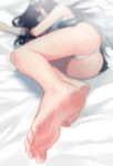  1girl animal_ears arka91 ass barefoot bed_sheet black_hair blurry commentary_request feet green_eyes highres korean_commentary long_hair lying panties princess_connect! princess_connect!_re:dive shiori_(princess_connect!) soles solo toes underwear white_panties 