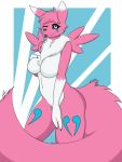  2_fingers anthro big_breasts blue_eyes breasts chest_tuft digimon digimon_(species) fan_character featureless_breasts female fingers fur hi_res jeffthehusky long_tail markings one_eye_closed pink_body pink_fur pose renamon reyna_(lamont786) solo thick_thighs tongue tongue_out tuft wink 