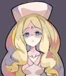  1girl blonde_hair blue_eyes breasts cattleya_(pokemon) collarbone disgust elite_four enpe eyebrows_visible_through_hair grey_eyes hat looking_at_viewer medium_breasts pink_headwear pokemon pokemon_(game) pokemon_bw shaded_face solo upper_body 