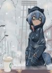  anthro black_nose blue_body blue_eyes blue_fur blue_hair brand_new_animal brown_body brown_fur canid canine city clothed clothing coat coffee_cup day female fluffy fluffy_tail fur hair hands_in_pockets iwairenmei mammal michiru_kagemori overcast pockets raccoon_dog raincoat raining sky street_lamp studio_trigger tanuki topwear 
