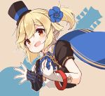  1girl :d ascot asymmetrical_gloves bangs black_gloves black_headwear black_shirt blonde_hair blue_cape blue_flower blue_neckwear blush braid brown_background cape cropped_torso eyebrows_visible_through_hair flower girls_frontline gloves hair_between_eyes hair_flower hair_ornament hands_up hat highres matsuo_(matuonoie) mini_hat mini_top_hat mismatched_gloves nagant_revolver_(girls_frontline) one_side_up open_mouth puffy_short_sleeves puffy_sleeves red_eyes shirt short_sleeves smile solo striped striped_gloves top_hat upper_body vertical-striped_gloves white_gloves 