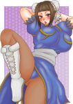  1girl alternate_costume blue_dress blush boots bracelet breasts brown_hair brown_legwear bun_cover china_dress chinese_clothes chun-li chun-li_(cosplay) cosplay cross-laced_footwear double_bun dress earrings han_juri highres jewelry knee_boots large_breasts long_hair looking_at_viewer panties pantyhose puffy_short_sleeves puffy_sleeves purple_eyes sakkun sash short_sleeves solo spiked_bracelet spikes standing street_fighter thighs tongue tongue_out underwear white_footwear 