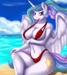  anthro anthrofied big_breasts bikini breasts brushstroke cleavage clothed clothing crossed_legs equid female friendship_is_magic hi_res horn looking_at_viewer mammal my_little_pony princess_celestia_(mlp) sitting solo swimwear water winged_unicorn wings 