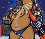  2020 anthro armpit_hair belly body_hair bottomwear brown_body brown_fur bulge butt clothing english_text felid fighting_ring fur group hairy inked-waffle inkedwaffle_(artist) male mammal mask moobs navel nipples overweight overweight_male pantherine shirt shorts text tiger topwear underwear ursid wrestler 