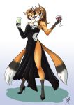  access alcohol anthro bangle beverage black_clothing black_dress breasts canid canine clothing conjoined dress duo female footwear fox hi_res high_heels jewelry mammal multi_head multi_tail shoes wine 