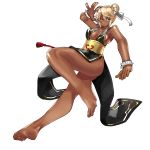  1girl alternate_costume bare_arms bare_legs bare_shoulders barefoot black_dress blonde_hair bracelet breasts china_dress chinese_clothes chun-li chun-li_(cosplay) cleavage commentary_request cosplay double_bun dress eiji_(eiji) eyebrows_visible_through_hair fighting_stance full_body guilty_gear highres jewelry long_hair looking_to_the_side ramlethal_valentine sash simple_background solo spiked_bracelet spikes standing street_fighter street_fighter_v thighs white_background yellow_eyes 