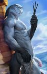  2020 abs anthro balls cetacean chunie delphinoid detailed_background digital_media_(artwork) flaccid genitals hi_res holding_object holding_weapon humanoid_genitalia humanoid_penis male mammal marine muscular muscular_male net nipples nude open_mouth partially_retracted_foreskin penis scar smile solo standing toothed_whale uncut weapon 