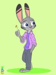  2020 absurd_res anthro barefoot biped black_stripes blue_eyes bottomwear clothed clothing coin disney ear_markings facial_markings fully_clothed fur green_background grey_body grey_fur hand_in_pocket head_markings head_tuft hi_res jack_savage lagomorph leporid mammal markings pants pink_nose pockets rabbit ring shirt simple_background smile solo stripes theblueberrycarrots topwear tuft zootopia 