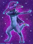 2020 3:4 3_toes 4_fingers armor blue_body blue_scales bracers cape clothing dabbing digitigrade eddiew female fingers flat_chested genitals glowing hat headgear headwear hi_res kobold mostly_nude navel purple_background purple_eyes pussy ring scales signature simple_background solo sparkles spikes tail_ring toes witch_hat 