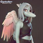  2020 3d_(artwork) anthro bottomwear chunkerbuns clothing digital_media_(artwork) dinosaur fang_(gvh) feathered_dinosaur feathers female goodbye_volcano_high guitar jewelry midriff musical_instrument necklace pants plucked_string_instrument reptile scalie solo string_instrument wings 