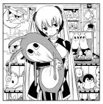  1girl eden&#039;s_zero eyebrows_visible_through_hair hair_between_eyes head_tilt hermit_(eden&#039;s_zero) holding_stuffed_toy long_hair mashima_hiro monochrome official_art solo stuffed_animal stuffed_toy suitcase tagme teddy_bear twintails unicorn very_long_hair 