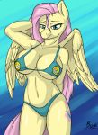  anthro anthrofied big_breasts bikini breasts brushstroke cleavage clothed clothing equid equine female fluttershy_(mlp) friendship_is_magic hair long_hair mammal my_little_pony pegasus pink_hair pose solo swimwear wings yellow_body 