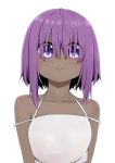  1girl :&gt; bare_shoulders blush breasts closed_mouth collarbone dark_skin dress eyes_visible_through_hair fate/prototype fate/prototype:_fragments_of_blue_and_silver fate_(series) hair_over_eyes hassan_of_serenity_(fate) highres i.u.y purple_eyes purple_hair simple_background sleeveless sleeveless_dress small_breasts smile solo upper_body white_background white_dress 