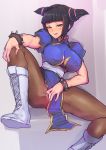  1girl alternate_costume black_hair blue_dress blush boots bracelet breasts brown_legwear china_dress chinese_clothes chun-li chun-li_(cosplay) cosplay cross-laced_footwear dress drill_hair eyeshadow full_body han_juri highres jewelry knee_boots large_breasts licking_lips long_hair looking_at_viewer madsensei makeup pantyhose puffy_short_sleeves puffy_sleeves purple_eyes sash shadow short_sleeves sitting solo spiked_bracelet spikes street_fighter thighs tongue tongue_out white_footwear 