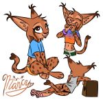  2020 anthro brown_body brown_fur cheek_tuft clothing crop_top crossgender ear_tuft eyes_closed facial_tuft felid feline female fur head_tuft hi_res inner_ear_fluff lynx mammal marc_(theblueberrycarrots) midriff mtf_crossgender multiple_poses navel pose shirt simple_background smile solo spots spotted_body spotted_fur theblueberrycarrots topwear tuft white_background 