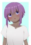  1girl bangs blue_background blush collarbone dark_skin eyebrows_visible_through_hair fate/prototype fate/prototype:_fragments_of_blue_and_silver fate_(series) hair_between_eyes hassan_of_serenity_(fate) head_tilt highres i.u.y looking_at_viewer parted_lips purple_eyes purple_hair shirt short_sleeves sidelocks solo two-tone_background upper_body white_background white_shirt 