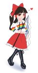  1girl bangs belly_peek black_footwear blunt_bangs boots bow catmitzi colored_eyelashes gohei hair_bow hair_ribbon hair_tubes hakurei_reimu heart highres hood hoodie knee_boots lgbt_pride long_hair looking_at_viewer navel platform_footwear ponytail rainbow rainbow_print red_eyes ribbon skirt smile solo thick_eyebrows touhou 